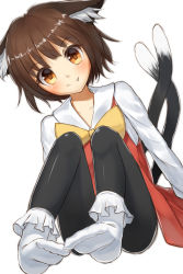 Rule 34 | 1girl, animal ear fluff, animal ears, black pantyhose, bobby socks, bow, brown eyes, brown hair, cat ears, cat tail, chen, dress, fang, feet, foot focus, highres, long sleeves, looking at viewer, multiple tails, nekomata, no headwear, pantyhose, red dress, shirt, shone, sitting, smile, socks, socks over pantyhose, solo, tail, touhou