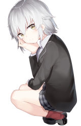 Rule 34 | 1girl, absurdres, arm support, black footwear, black jacket, black skirt, blazer, blush, breasts, brown eyes, closed mouth, collared shirt, fate/apocrypha, fate/grand order, fate (series), hair between eyes, highres, jacket, jeanne d&#039;arc (fate), jeanne d&#039;arc alter (avenger) (fate), jeanne d&#039;arc alter (fate), kura ekaki, loafers, long sleeves, looking at viewer, looking to the side, medium breasts, plaid, plaid skirt, pleated skirt, red socks, shirt, shoes, sidelocks, silver hair, simple background, skirt, socks, solo, squatting, white background, white shirt