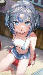 Rule 34 | 1girl, absurdres, arm support, bare arms, barefoot, bikini, blue bikini, blue eyes, blue skirt, breasts, cleavage, collarbone, derby (dabidabi), diamond hair ornament, female focus, foreshortening, gawr gura, grey hair, hair ornament, highres, hololive, hololive english, looking at viewer, miniskirt, multicolored hair, navel, on ball, open mouth, pleated skirt, shark hair ornament, short twintails, sidelocks, sitting, sitting on ball, skirt, small breasts, solo, streaked hair, swimsuit, thighs, twintails, virtual youtuber