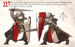 Rule 34 | 2girls, balance scale print, belt, blocking, boots, braid, brown hair, english text, fighting stance, gambeson, gloves, helmet, highres, holding, holding weapon, ironlily, kettle helm, kite shield, long hair, medieval, multiple girls, ordo mediare sisters (ironlily), scabbard, sheath, single braid sister (ironlily), standing, sword, twin braids sister (ironlily), weapon