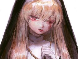 Rule 34 | 1girl, blonde hair, catholic, gloves, habit, hatena (nazequestion), highres, jewelry, long hair, looking at viewer, necklace, nun, original, red eyes, scar, scar across eye, scar on face, simple background, solo, traditional nun, white background, white gloves