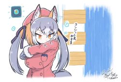 Rule 34 | 1girl, animal ears, beret, check translation, fox ears, fox girl, fur trim, gloves, grey gloves, grey hair, hat, island fox (kemono friends), jacket, kemono friends, kemono friends v project, kitsunetsuki itsuki, light brown hair, long hair, long sleeves, minecraft, multicolored hair, official alternate costume, orange eyes, pink hat, pink jacket, smelling, solo, translation request, twintails, upper body, virtual youtuber, white fur