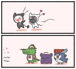 Rule 34 | &gt; &lt;, 2koma, 5others, absurdres, black cat, bloom (irys), bloop (gawr gura), blue eyes, blush, bow, bowtie, can, cat, chibi, comic, commentary, crocodilian, detached wings, english commentary, food, gloom (irys), halo, hat, heart, heterochromia, highres, hololive, hololive english, investigator (amelia watson), mpien, multiple others, necktie, octopus, pocky, pocky day, purple eyes, red necktie, shark, silent comic, single wing, takodachi (ninomae ina&#039;nis), virtual youtuber, white cat, wings, x
