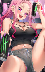 Rule 34 | 1girl, bare arms, bare legs, bare shoulders, black camisole, blush, breasts, camisole, can, chair, choker, collarbone, drink can, ear piercing, energy drink, fang, fingernails, forehead, gaming chair, geshumaro, gradient hair, gyaru, hair ribbon, highres, holding, holding can, looking at viewer, midriff, mole, mole on thigh, multicolored hair, nail polish, navel, original, panties, panty peek, piercing, pink eyes, pink nails, ribbon, short shorts, shorts, sidelocks, sitting, smile, soda can, solo, spread legs, swivel chair, underwear
