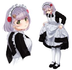 Rule 34 | 1girl, alternate costume, apron, black footwear, black shirt, black skirt, braid, closed mouth, flower, frown, full body, genshin impact, green eyes, grey hair, hair flower, hair ornament, highres, long hair, long skirt, long sleeves, looking at viewer, looking back, looking down, maid, maid headdress, mary janes, noelle (genshin impact), pantyhose, red flower, red rose, rose, shirt, shoes, signature, simple background, skirt, solo, standing, white apron, white background, white pantyhose, yumich
