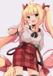 Rule 34 | 1girl, :d, ahoge, bare shoulders, blonde hair, blue eyes, blush, bow, collarbone, commentary request, fang, grey background, grey shirt, hair between eyes, hair bow, hair ribbon, highres, long hair, off-shoulder shirt, off shoulder, open mouth, original, plaid, plaid skirt, pointing, pointing at viewer, puffy short sleeves, puffy sleeves, red bow, red ribbon, red skirt, ribbon, shirt, short sleeves, simple background, skirt, smile, solar milk, solo, suspender skirt, suspenders, twintails, very long hair