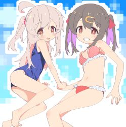 Rule 34 | 2girls, :d, ahoge, bare arms, bare legs, bare shoulders, barefoot, bikini, black hair, blue one-piece swimsuit, breasts, brown eyes, commentary, frilled bikini, frills, grin, hair between eyes, hair ribbon, hairband, halftone texture, highres, holding hands, legs, light blush, long hair, looking at viewer, medium breasts, multicolored hair, multiple girls, navel, one-piece swimsuit, one side up, onii-chan wa oshimai!, open mouth, outline, oyama mahiro, oyama mihari, pink bikini, pixelated, polka dot, polka dot swimsuit, purple hair, red ribbon, ribbon, school swimsuit, siblings, sisters, smile, sweatdrop, swimsuit, take shinobu, twintails, two-tone hair, unmoving pattern, white outline