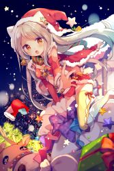 Rule 34 | 10s, 1girl, ana (rznuscrf), argyle, argyle clothes, argyle legwear, blonde hair, blurry, blush, bracelet, brown eyes, capelet, christmas tree, depth of field, detached sleeves, eve santaclaus, fur trim, gift, hat, highres, holding, idolmaster, idolmaster cinderella girls, jewelry, long hair, looking at viewer, night, open mouth, outdoors, outstretched hand, platinum blonde hair, sack, santa costume, santa hat, short shorts, shorts, solo, sparkle, star (symbol), sweatdrop, thighhighs, yellow thighhighs