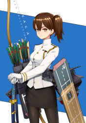 Rule 34 | 10s, 1girl, absurdres, alternate costume, arrow (projectile), asymmetrical hair, black pantyhose, bow (weapon), breasts, brown eyes, brown hair, cannon, character name, copyright name, eyelashes, flight deck, gloves, hands on hilt, highres, jacket, kaga (kancolle), kantai collection, katana, lips, looking at viewer, medium breasts, military, military uniform, naval uniform, pantyhose, pencil skirt, personification, planted, planted sword, planted weapon, quiver, realmbw, short hair, side ponytail, skirt, solo, sword, turret, uniform, weapon, white gloves