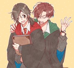 Rule 34 | 2boys, ;d, black eyes, black hair, black robe, book, brown hair, collared shirt, eyebrow cut, fate/grand order, fate (series), green necktie, grey sweater, gryffindor, hair over one eye, hand on another&#039;s shoulder, hand up, harry potter (series), hogwarts school uniform, holding, holding book, long hair, looking at another, low ponytail, male focus, masaki (star8moon), multiple boys, necktie, hugging object, one eye closed, open hand, open mouth, polka dot, polka dot background, red necktie, robe, sakamoto ryouma (fate), school uniform, scowl, shirt, short hair, slytherin, smile, striped necktie, sweater, takasugi shinsaku (fate), takasugi shinsaku (first ascension) (fate), teeth, upper body, upper teeth only, watch, white shirt, wizarding world, wristwatch, yellow background