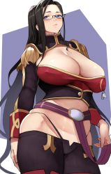 Rule 34 | 1girl, absurdres, black hair, blue eyes, breasts, cleavage, closed mouth, dragonaut, epaulettes, glasses, highres, kitajima yuuri, large breasts, lips, long hair, looking at viewer, mature female, purple background, solo, thighs, two-tone background, white background, yoshio (55level)