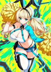 Rule 34 | 1girl, bare shoulders, blonde hair, blue eyes, blush, breasts, cheerleader, cleavage, crop top, holding, holding pom poms, large breasts, long hair, looking at viewer, miniskirt, navel, open mouth, pleated skirt, pom pom (cheerleading), pom poms, saitou masatsugu, skirt, skytube, smile, solo, usada mimi