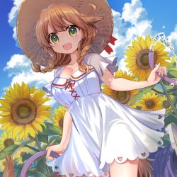 Rule 34 | 1girl, :3, :d, ahoge, alternate costume, blue sky, braid, breasts, brown hair, cleavage, commentary, criss-cross halter, day, dress, fingernails, flower, green eyes, halterneck, hat, hat ribbon, highres, holding, holding hose, hose, large breasts, looking at viewer, mareep15, nijisanji, open mouth, outdoors, red ribbon, ribbon, sky, smile, solo, straw hat, sundress, sunflower, tail, twin braids, virtual youtuber, warabeda meiji, water, white dress