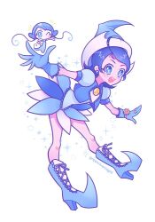 Rule 34 | 1girl, :d, ahoge, artist name, blue dress, blue eyes, blue footwear, blue gloves, blue hair, blue headwear, blush, boots, commentary request, dress, earrings, fairy, full body, gloves, greenriverknight, hat, jewelry, looking at viewer, magical girl, mimi (ojamajo doremi), ojamajo doremi, one eye closed, open mouth, puffy short sleeves, puffy sleeves, senoo aiko, short hair, short sleeves, simple background, smile, sparkle, standing, white background, witch hat