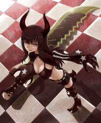 Rule 34 | 10s, 1girl, bikini, bikini top only, black bikini, black gold saw, black hair, black rock shooter, boots, breasts, butt crack, checkered floor, cleavage, floor, from above, horns, king saw, large breasts, long hair, looking up, neri gozu, red eyes, skull, solo, star (symbol), swimsuit, sword, weapon