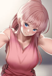 Rule 34 | 1girl, blue eyes, blush, breasts, closed mouth, huyumitsu, large breasts, long hair, looking at viewer, original, outstretched arms, pink hair, pink shirt, ponytail, shirt, sleeveless, sleeveless shirt, smile, solo, upper body