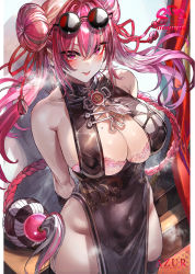 Rule 34 | 1girl, arms behind back, azur lane, black dress, black thighhighs, blush, breasts, bremerton (azur lane), bremerton (kung fu cruiser) (azur lane), china dress, chinese clothes, cleavage, covered navel, double bun, dress, eyewear on head, hair bun, halterneck, highleg, highres, large breasts, long hair, looking at viewer, mole, mole on breast, official alternate costume, open mouth, pelvic curtain, pink eyes, pink hair, round eyewear, sideboob, sidelocks, signo aaa, smile, solo, thighhighs, thighs