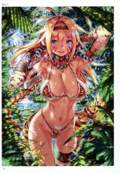 Rule 34 | 1girl, absurdres, animal ears, animal print, armpits, arms up, artist name, bikini, blonde hair, blue eyes, braid, breasts, cleavage, collar, day, facial mark, fur trim, gluteal fold, hairband, highleg, highleg bikini, highres, huge filesize, jewelry, jungle, kink (tortoiseshell), large breasts, long hair, looking at viewer, nature, navel, necklace, open mouth, outdoors, page number, scan, smile, solo, swimsuit, tail, thigh strap, tiger ears, tiger tail, toranoana, very long hair, water, water drop, waterfall, wet