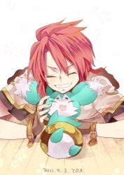 Rule 34 | 00s, 1boy, bad id, bad pixiv id, closed eyes, fingerless gloves, gloves, luke fon fabre, male focus, mieu (tales), red hair, simple background, solo, tales of (series), tales of the abyss, tankensya, upper body, white background