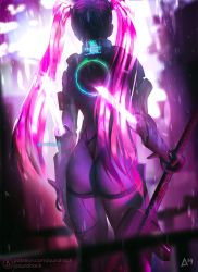 Rule 34 | 1girl, armor, ass, aurahack, backlighting, bodysuit, commentary, cowboy shot, cyberpunk, english text, from behind, gun, highres, hologram, lens flare, long hair, original, patreon username, pink hair, rain, rifle, science fiction, skin tight, sniper rifle, solo, twintails, watermark, weapon