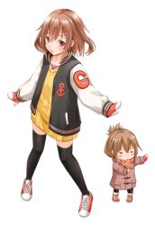 Rule 34 | 10s, 2girls, = =, alternate costume, black legwear, blush stickers, boots, brown eyes, brown hair, chibi, coat, commentary request, corn dog, dress, eating, folded ponytail, fujishima shinnosuke, fur trim, hair ornament, hairclip, ikazuchi (kancolle), inazuma (kancolle), jacket, kantai collection, letterman jacket, looking at viewer, mittens, multiple girls, ribbed dress, scarf, shoes, short hair, simple background, sneakers, thighhighs, white background, yellow dress