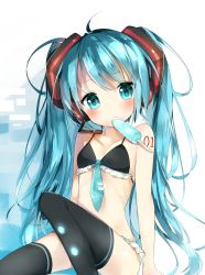 Rule 34 | 1girl, ahoge, aqua eyes, aqua hair, arm support, arms at sides, bad id, bad pixiv id, bare arms, bare shoulders, bikini, black bikini, blush, collarbone, convenient leg, food, hatsune miku, headphones, headset, highres, ice cream, leg up, long hair, looking at viewer, microphone, necktie, niito, popsicle, reclining, sitting, solo, string bikini, swimsuit, thighhighs, twintails, vocaloid, white background