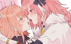 Rule 34 | 1boy, 1girl, astolfo (fate), bad id, bad pixiv id, blonde hair, blush, crossdressing, fate/apocrypha, fate/grand order, fate (series), french kiss, hetero, highres, kiss, koyashaka, liss meier (koyashaka), long hair, looking at another, multicolored hair, open mouth, original, pink hair, tongue, tongue out, trap, white hair, yellow eyes