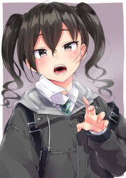 Rule 34 | 1girl, black hair, blush, brown eyes, dot nose, green necktie, grey background, grey jacket, hair between eyes, idolmaster, idolmaster cinderella girls, idolmaster cinderella girls starlight stage, jacket, long hair, long sleeves, looking at viewer, mask, mask pull, mole, mole under eye, mouth mask, necktie, open mouth, sharp teeth, shirt, simple background, solo, striped necktie, sunazuka akira, surgical mask, teeth, tongue, trente, twintails, upper body