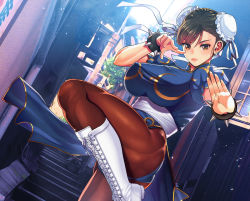 Rule 34 | boots, bracelet, breasts, brown eyes, brown hair, bun cover, capcom, chinese clothes, chun-li, double bun, earrings, fighting stance, hair bun, jewelry, leg lift, looking at viewer, medium breasts, nanakichi, outdoors, pantyhose, puffy sleeves, spiked bracelet, spikes, street fighter, thick thighs, thighs