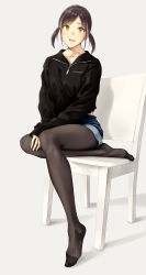 Rule 34 | 1girl, :d, black pantyhose, black sweater, blush, brown hair, chair, collarbone, commentary request, denim, denim shorts, full body, grey background, highres, hiwatari rin, pantyhose under shorts, long sleeves, looking at viewer, low twintails, no shoes, open mouth, original, pantyhose, parted bangs, revision, short hair, short twintails, shorts, simple background, sitting, sleeves past wrists, smile, solo, sweater, twintails, unzipped, yellow eyes, zipper pull tab
