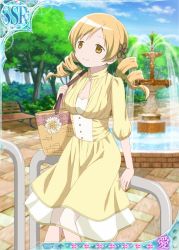 Rule 34 | 10s, 1girl, alternate costume, artist request, bag, blonde hair, blue sky, blush, breasts, card (medium), casual, cleavage, day, dress, drill hair, fountain, hair ornament, hairpin, long hair, mahou shoujo madoka magica, mahou shoujo madoka magica plus, official art, park, sky, smile, solo, tomoe mami, trading card, tree, twin drills, twintails, yellow dress, yellow eyes