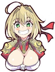 Rule 34 | 10s, 1girl, ahoge, blonde hair, blush, breasts, cleavage, cropped torso, enpe, epaulettes, fate/extra, fate (series), gold trim, green eyes, grin, hair between eyes, hair intakes, hair ribbon, large breasts, looking at viewer, nero claudius (fate), nero claudius (fate) (all), nero claudius (fate/extra), red ribbon, ribbon, simple background, smile, solo, teeth, upper body, white background