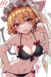 Rule 34 | 1girl, absurdres, armband, bikini, black bikini, blonde hair, bow, breasts, cleavage, commentary, cowboy shot, crystal, fang, flandre scarlet, frilled armband, frills, groin, halterneck, hand on own hip, hat, hat bow, highres, kiui (dagk8254), leaning forward, long hair, looking at viewer, medium breasts, mob cap, navel, one side up, open mouth, paw pose, pointy ears, red bow, red eyes, simple background, skin fang, solo, spoken blush, standing, sweatdrop, swimsuit, touhou, white background, white hat, wings
