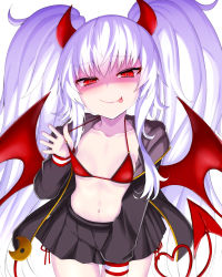 Rule 34 | 1girl, :p, bikini, bikini under clothes, black jacket, black skirt, breasts, closed mouth, collarbone, cowboy shot, curled horns, demon girl, demon horns, demon tail, evo grim, grim aloe, hair between eyes, hand up, heart, heart-shaped pupils, highres, hood, hood down, hooded jacket, horns, jacket, lifting own clothes, long hair, long sleeves, looking at viewer, navel, o-ring, o-ring bikini, o-ring top, open clothes, open jacket, pale skin, pleated skirt, quiz magic academy, quiz magic academy the world evolve, red bikini, red eyes, red wings, shaded face, sidelocks, simple background, skirt, sleeves past wrists, small breasts, smile, solo, standing, strap lift, swimsuit, symbol-shaped pupils, tail, tongue, tongue out, very long hair, watarui, white background, white hair, wings