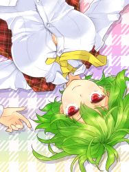 Rule 34 | 1girl, breasts, buttons, dress shirt, green hair, highres, kazami yuuka, large breasts, looking at viewer, lying, necktie, on back, open clothes, open shirt, partially open shirt, red eyes, shironeko yuuki, shirt, smile, solo, touhou, upper body, upside-down, vest, white shirt, yellow necktie