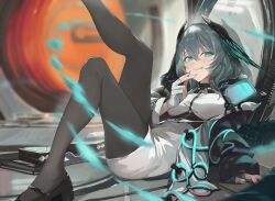 Rule 34 | 1girl, :p, aqua eyes, aqua nails, arknights, black footwear, black pantyhose, blush, breasts, closed mouth, coat, dress, feng zhe (user jnxf3524), fingerless gloves, fingernails, gloves, grey hair, head wings, highres, ho&#039;olheyak (arknights), large breasts, leg up, long fingernails, long sleeves, looking at viewer, lying, on back, open clothes, open coat, pantyhose, short hair, smile, solo, tail, tongue, tongue out, white coat, white dress, white gloves, wings