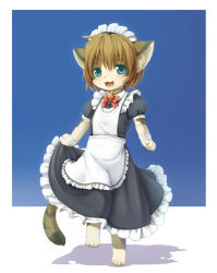 Rule 34 | 1girl, animal ears, apron, barefoot, bell, blue eyes, blush, brown hair, cat, cat ears, cat tail, child, collar, fang, furry, furry female, happy, kagerofu, maid, maid apron, maid headdress, neck bell, open mouth, ribbon, short hair, skirt, solo, tail