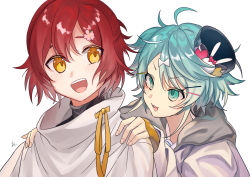 2boys :3 :d ahoge blush flower green_eyes green_hair hair_flower hair_ornament hairclip hanasaki_miyabi hanasaki_miyabi_(1st_costume) highres holostars jacket kagami_kira long_sleeves male_focus messy_hair multiple_boys ohita_hio open_mouth red_hair short_hair simple_background smile trap turtleneck upper_body virtual_youtuber white_background yellow_eyes