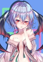 Rule 34 | 1girl, artist name, bare shoulders, bat wings, blue background, blue hair, blush, breasts, collarbone, dress, hair between eyes, highres, kunose yaryu, looking at viewer, off shoulder, parted lips, red eyes, remilia scarlet, short hair, solo, touhou, upper body, wings