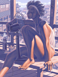Rule 34 | 1girl, arm support, barefoot, bottle, bottomless, cat, cityscape, cloud, coca-cola, dark skin, dark-skinned female, electric fan, closed eyes, hand fan, fanning face, feet, headband, knee up, open mouth, original, same (carcharodon), sepia, shade, short hair, signature, sitting, sky, solo, sunlight, sweat, town, wind, wooden floor