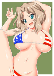 Rule 34 | 10s, 1girl, american flag, american flag bikini, arm behind head, arm up, bikini, blonde hair, blue eyes, blush, breasts, flag print, girls und panzer, hair intakes, huge breasts, kay (girls und panzer), leg lift, long hair, looking at viewer, navel, open mouth, sawa (snack yoshie), short hair, simple background, skindentation, smile, solo, swimsuit, united states