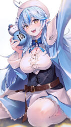 Rule 34 | 1girl, :d, absurdres, ahoge, arm up, belt, beret, black corset, blue bow, blue bowtie, blue coat, blue hair, blue skirt, bottle, bow, bowtie, braid, breasts, brown belt, center frills, cleavage, cleavage cutout, clothing cutout, coat, colored tips, commentary, corset, crossed bangs, daifuku (yukihana lamy), flower, frilled shirt, frilled skirt, frills, fur-trimmed coat, fur trim, hair between eyes, hair flower, hair ornament, half updo, hat, heart, heart ahoge, highres, holding, holding bottle, hololive, large breasts, leather belt, long hair, looking at viewer, miniskirt, multicolored hair, muo (muojjang 0929), open mouth, pointy ears, selfie, shirt, sitting, skirt, sleeveless, sleeveless shirt, smile, solo, streaked hair, teeth, thighhighs, tokkuri, underbust, upper teeth only, very long hair, virtual youtuber, wariza, white hat, white shirt, white thighhighs, yellow eyes, yukihana lamy