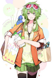 Rule 34 | 1girl, bag, balloon, birthday cake, black thighhighs, box, cake, cake print, candle, carrying over shoulder, character name, character print, collarbone, commentary, confetti, cowboy shot, dated, envelope, food, gift, gift box, goggles, goggles on head, green eyes, green hair, green skirt, grin, gumi, happy birthday, heart, highres, holding, holding envelope, jacket, jewelry, miniskirt, necklace, orange jacket, pleated skirt, red goggles, self character print, shirt, shopping bag, short hair with long locks, sidelocks, sideways glance, skirt, smile, solo, thighhighs, vocaloid, walking, wanaxtuco, white background, yellow shirt