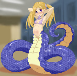 Rule 34 | 1girl, blonde hair, bottomless, bra, breasts, highres, ktarl, lamia, monster girl, navel, ponytail, pussy, small breasts, solo, underwear