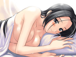 Rule 34 | 00s, 1girl, bed, bed sheet, black eyes, black hair, blush, breasts, covering privates, covering breasts, idolmaster, idolmaster (classic), idolmaster 1, long hair, looking at viewer, lying, miura azusa, naked sheet, on side, smile, solo, tanaka shoutarou