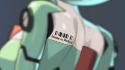 Rule 34 | 1girl, back, barcode, blurry, breasts, close-up, colored skin, creatures (company), depth of field, drunkoak, english text, female focus, game freak, gardevoir, gen 3 pokemon, green hair, green skin, grey background, head out of frame, highres, humanoid robot, mechanization, medium breasts, multicolored skin, nintendo, pokemon, pokemon (creature), robot, short hair, simple background, solo, two-tone skin, white skin