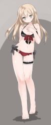 Rule 34 | 10s, 1girl, absurdres, bad id, bad twitter id, barefoot, bikini, bismarck (kancolle), black bow, blonde hair, blue eyes, blush, bow, breasts, cleavage, closed mouth, collarbone, contrapposto, front-tie top, frown, full body, grey background, hair between eyes, hand on own chest, highres, kantai collection, bridal garter, long hair, looking at viewer, medium breasts, murakami meishi, navel, solo, standing, swimsuit