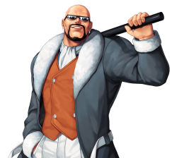 Rule 34 | 1boy, bald, beard, black-framed eyewear, brown vest, coat, commentary request, cowboy shot, ascot, earrings, evilgun, facial hair, fur-trimmed coat, fur trim, grey coat, grin, hand in pocket, highres, holding, holding stick, holding weapon, jewelry, lips, long sleeves, looking at viewer, male focus, mr big (snk), mustache, open clothes, open coat, over shoulder, pants, ryuuko no ken, simple background, smile, solo, standing, stick, sunglasses, teeth, the king of fighters, the king of fighters &#039;96, vest, weapon, weapon over shoulder, white background, white pants