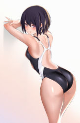 Rule 34 | 1girl, :p, absurdres, arms up, ass, back, bare shoulders, black hair, black one-piece swimsuit, blush, breasts, closed mouth, competition swimsuit, cowboy shot, fingernails, from behind, gradient background, hair between eyes, half-closed eyes, highleg, highleg swimsuit, highres, hip focus, legs together, licking lips, long fingernails, looking at viewer, looking back, one-piece swimsuit, one eye closed, original, purple eyes, shiny skin, short hair, shoulder blades, simple background, small breasts, smile, solo, standing, swimsuit, thighs, tongue, tongue out, ulrich (tagaragakuin), wet, white background