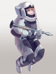 Rule 34 | &gt;:), armor, bad id, bad pixiv id, blonde hair, blue eyes, bomb suit, boots, bulldozer (payday), gloves, gradient background, helmet, high-explosive anti-tank (warhead), highres, holding, holding weapon, long sleeves, man-portable anti-tank systems, payday (series), payday 2, rocket-propelled grenade, rocket (projectile), rocket launcher, rpg, rpg-7, rpg (weapon), smile, solo, uni ponsuka, v-shaped eyebrows, weapon